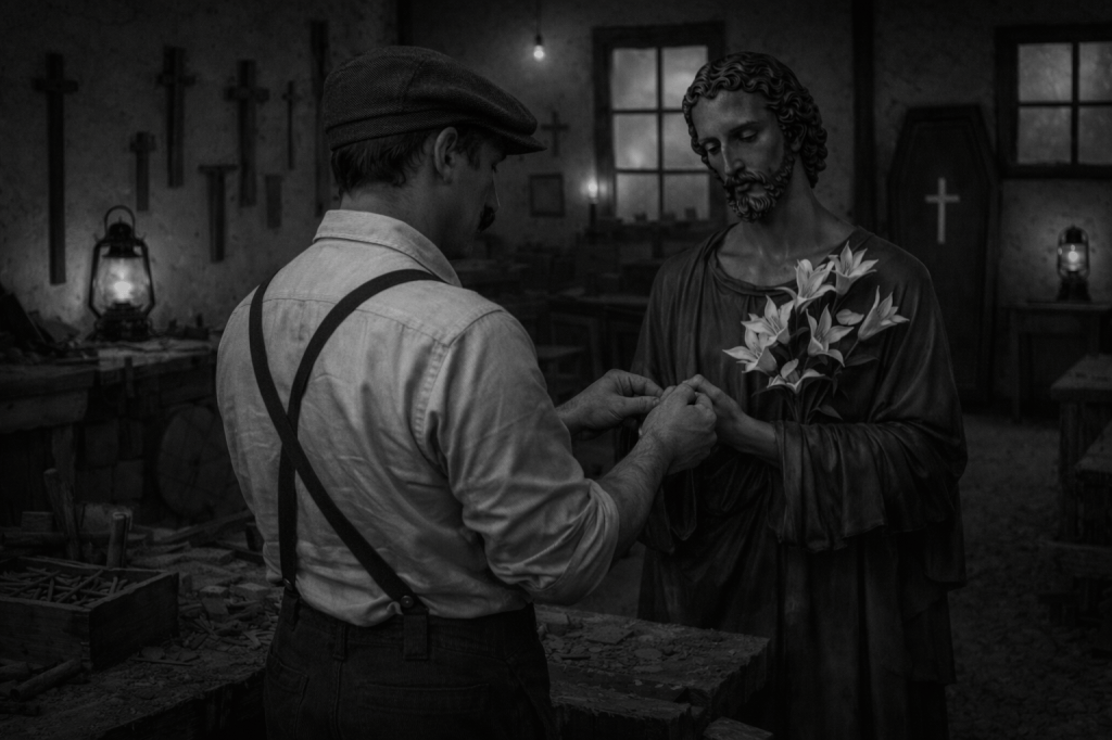 Elderly man carving wood on hand of religious statue holding lilies