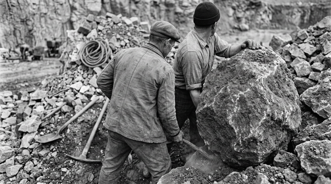 Two men manually breaking a large rock using tools at a rocky work site